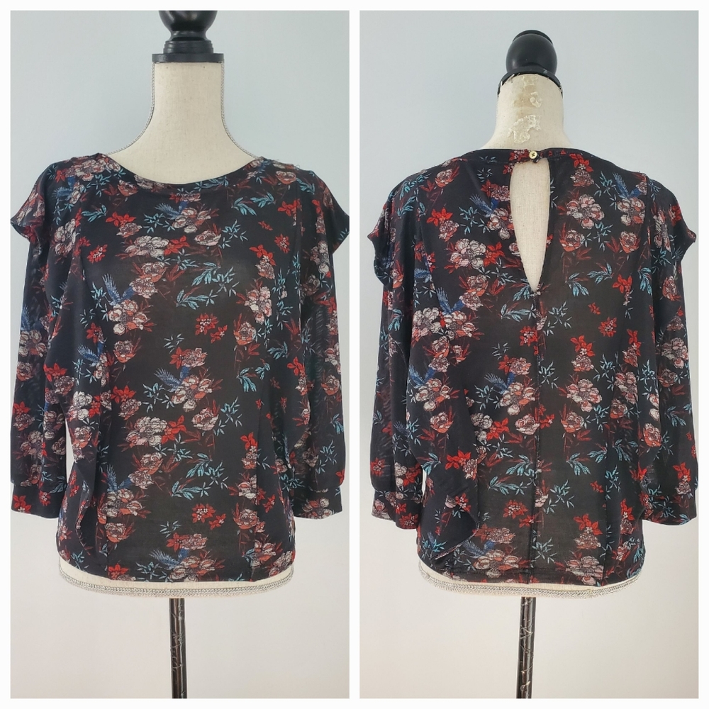 FREE PEOPLE Black Floral Long Sleeve Blouse Like New XS Ruffle Detail Red Blue